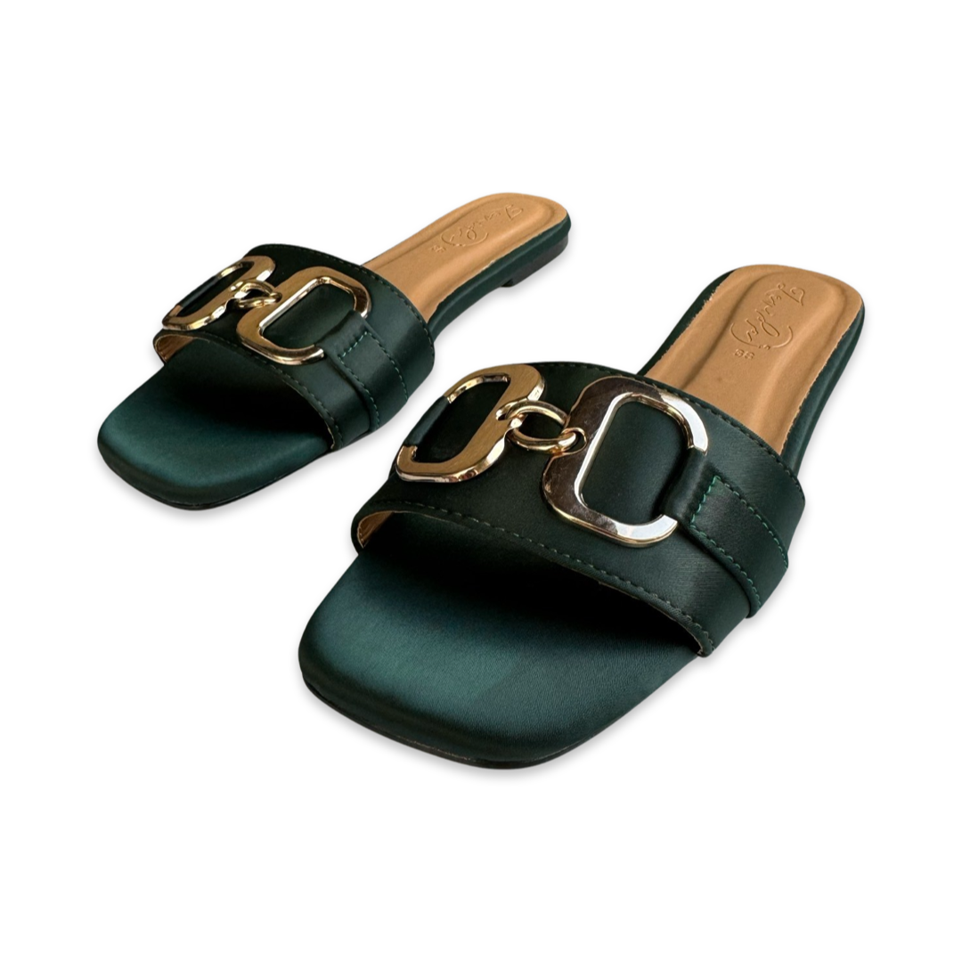 DARK GREEN BUCKLE SLIDES