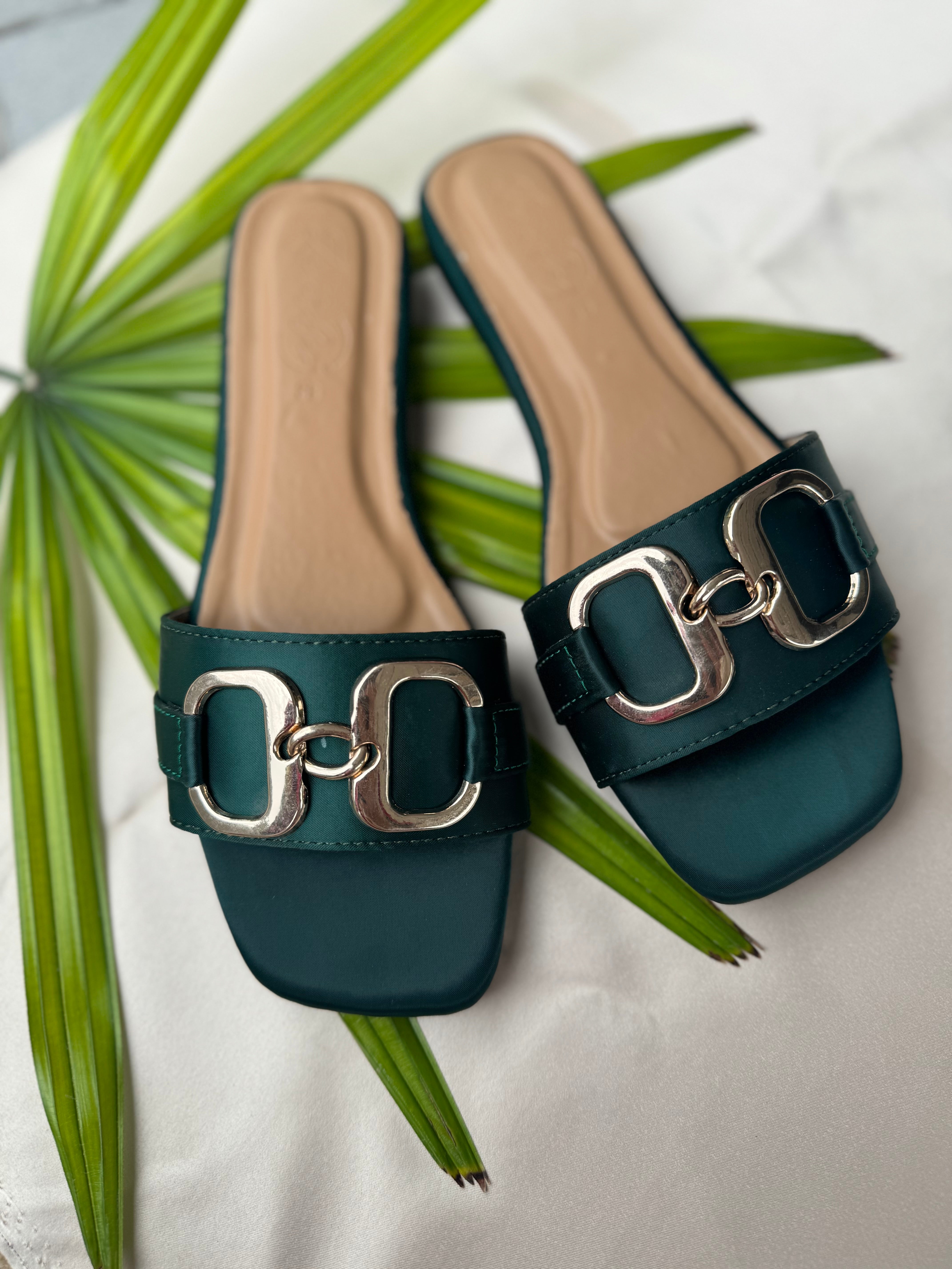 DARK GREEN BUCKLE SLIDES