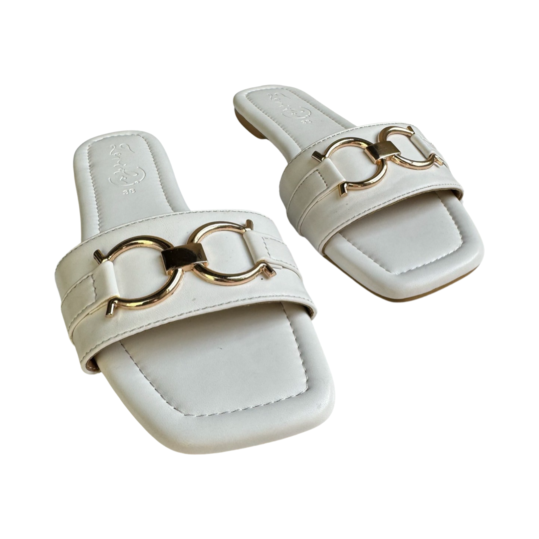 WHITE BUCKLE SLIDES