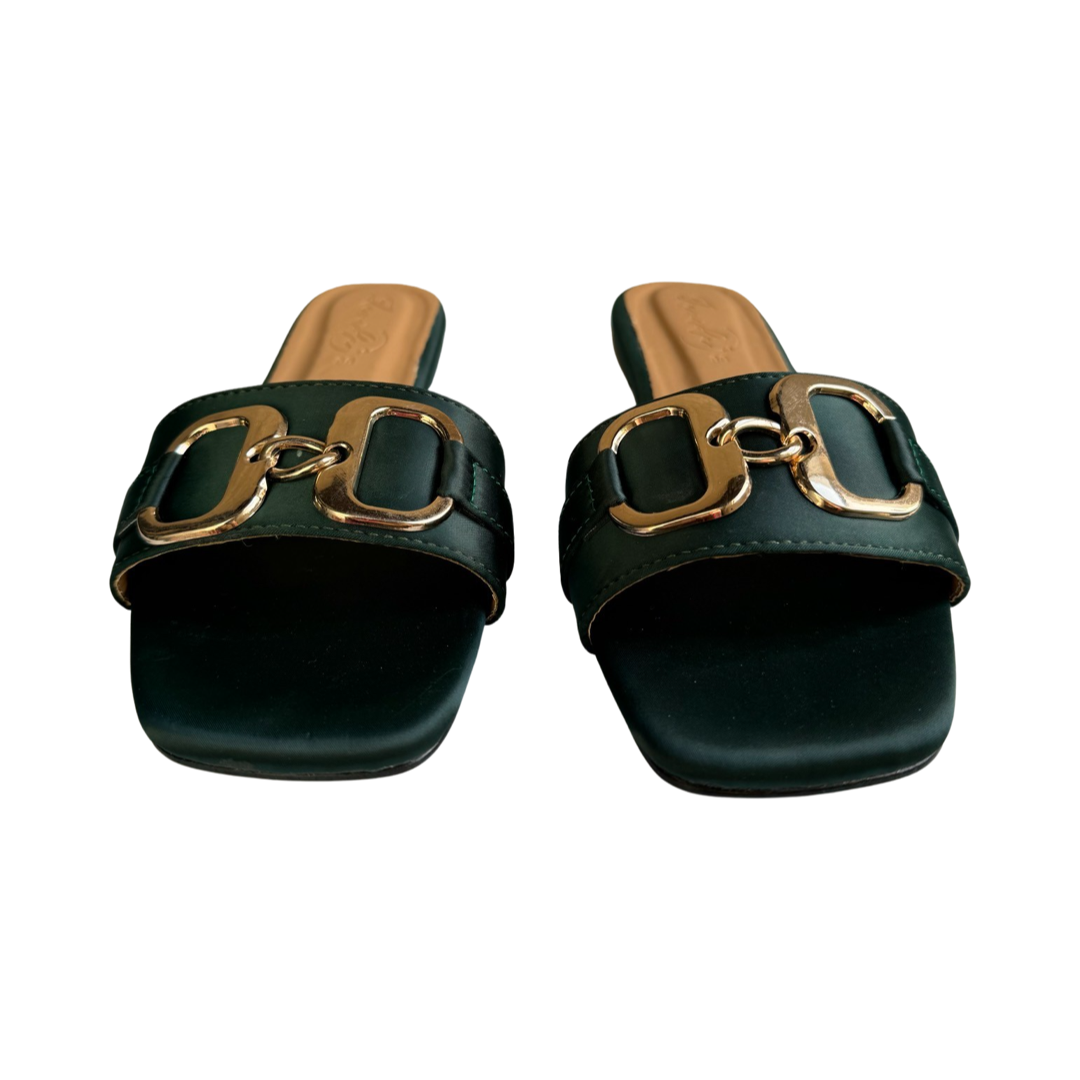 DARK GREEN BUCKLE SLIDES